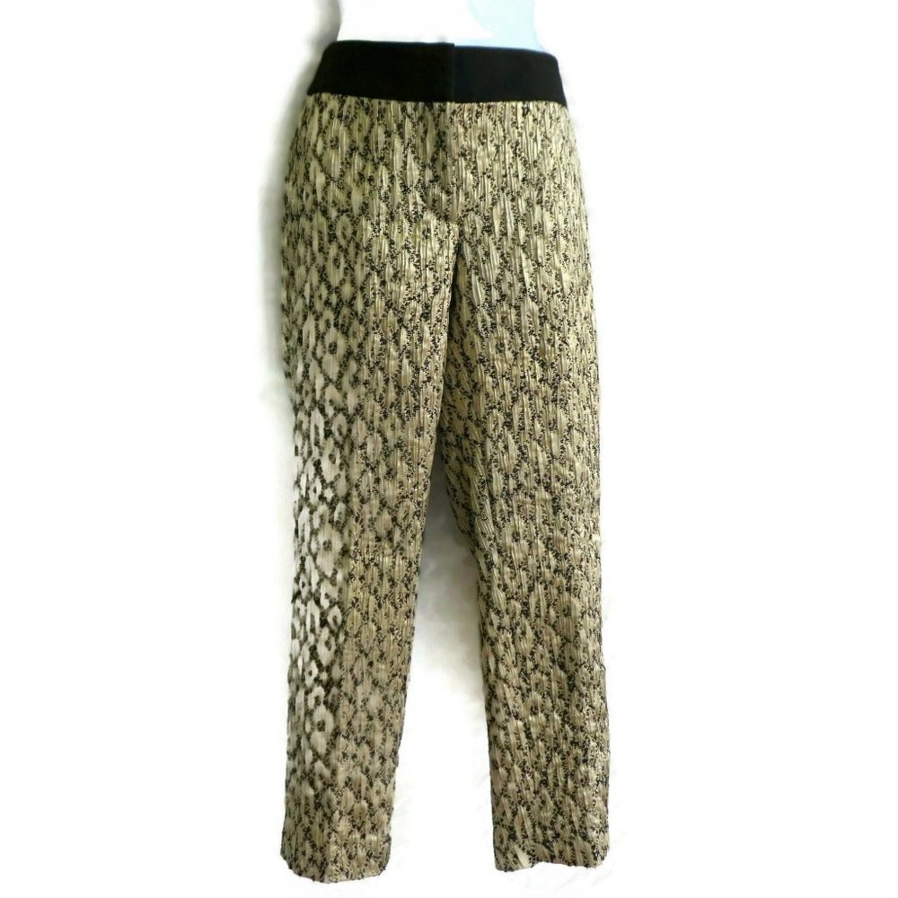 Ann Taylor Loft Dress Pants Gold Metallic Julie Black Waistband Zip Back Pockets